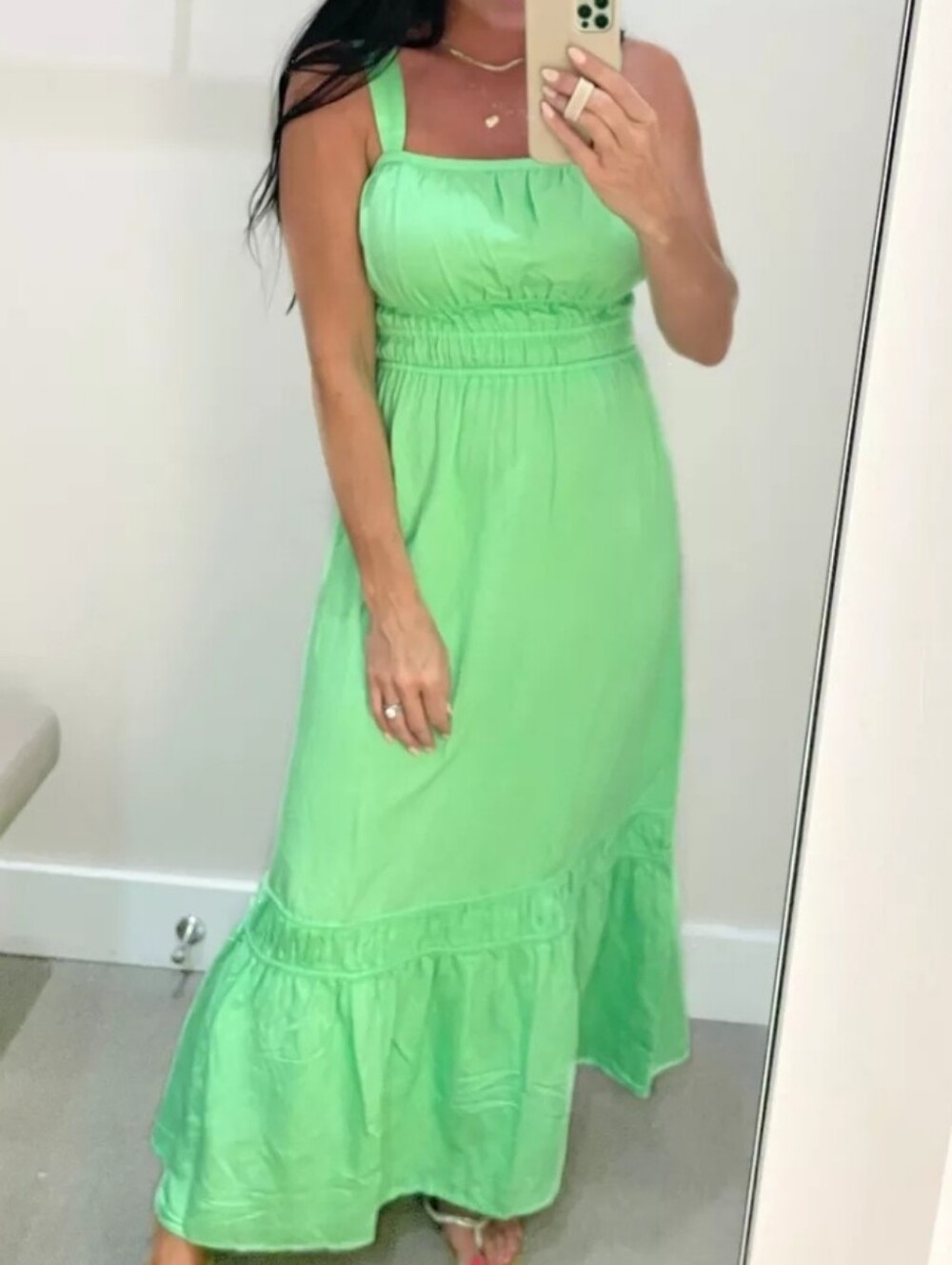 LOFT Light Green Linen Maxi Dress with Smocked Waist
